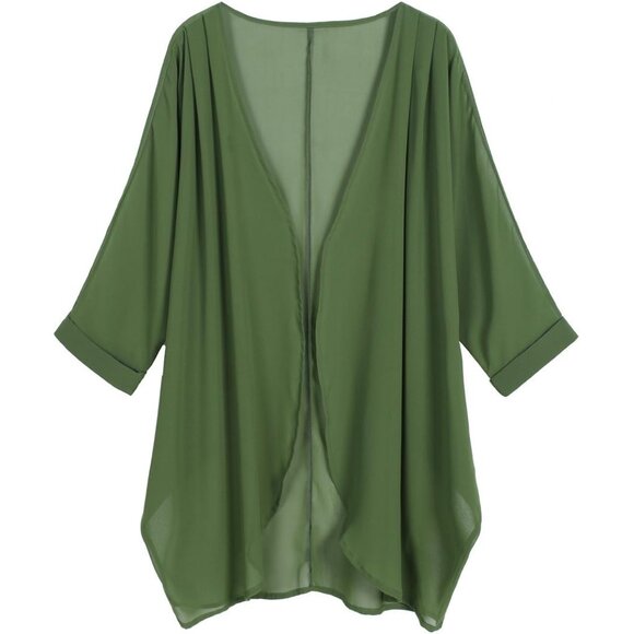 Jewelry - Women's Floral Print Sheer Chiffon 3/4 Bat Sleeve Casual Loose Kimono Cardigan C